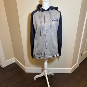 Gray and Navy Hooded Varsity Bomber Jacket